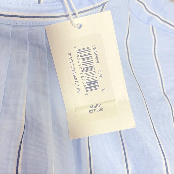 NWT FRAME Striped Mock Neck Sleeveless Ruffle Top In Ciel Multi - Size XL - Picture 5 of 8